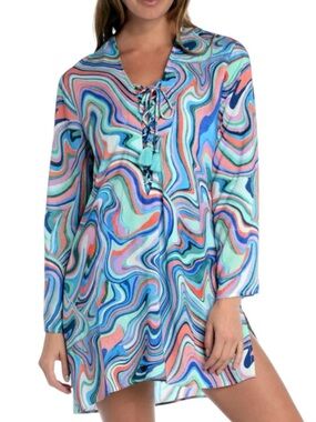 La Blanca Women's Swirl Print Long Sleeves Lace Up Beach Pool Tunic Cover Up